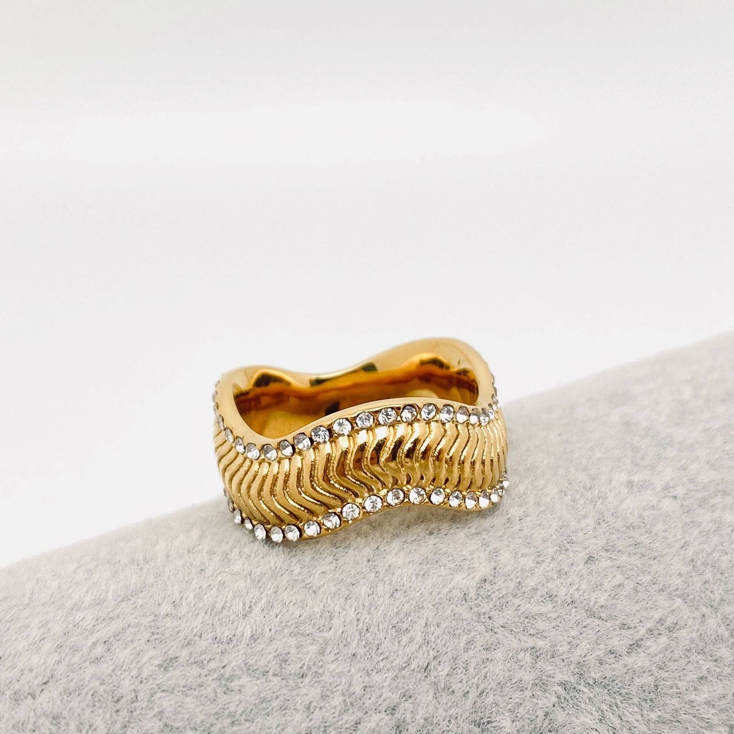 Cubic Zirconia Wave-shaped Gold Plated Stainless Steel Ring