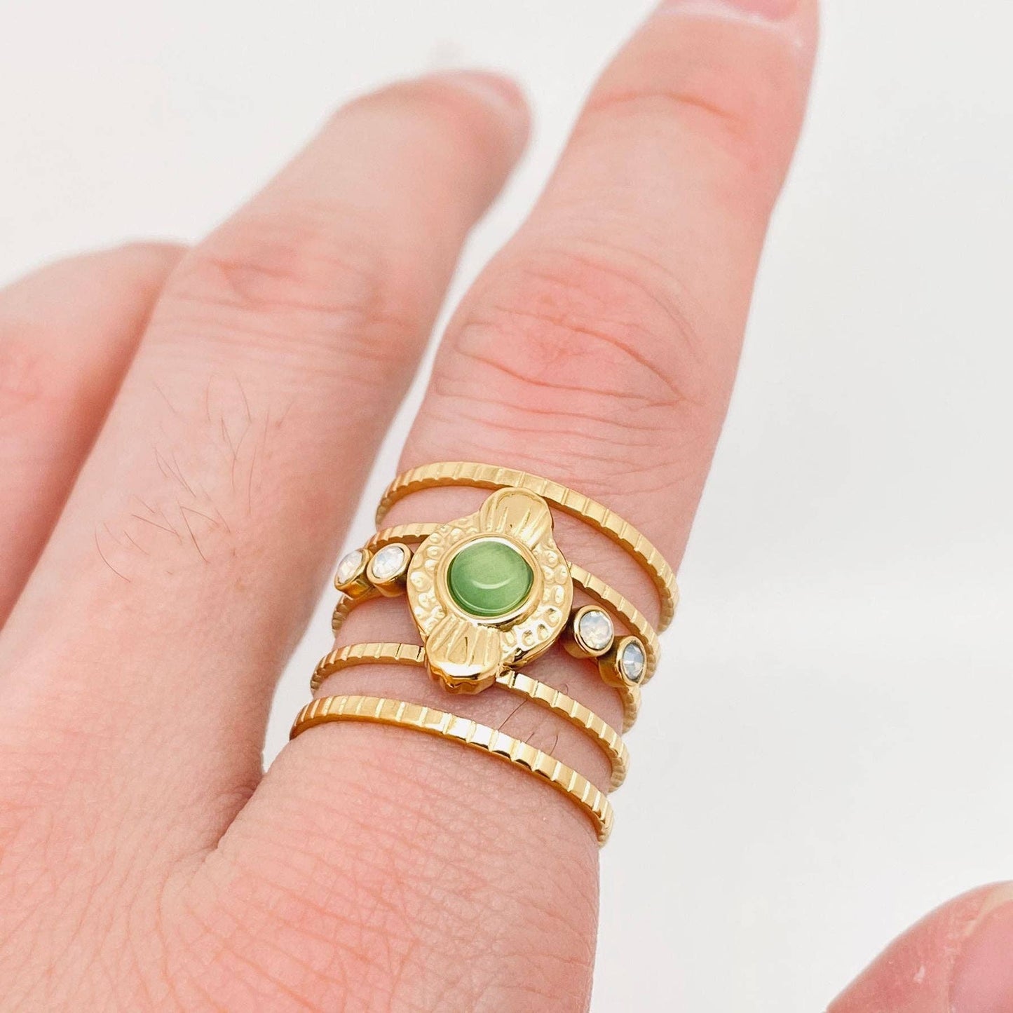 Green Aventurine 18K Gold Plated Stainless Steel Hollow Ring