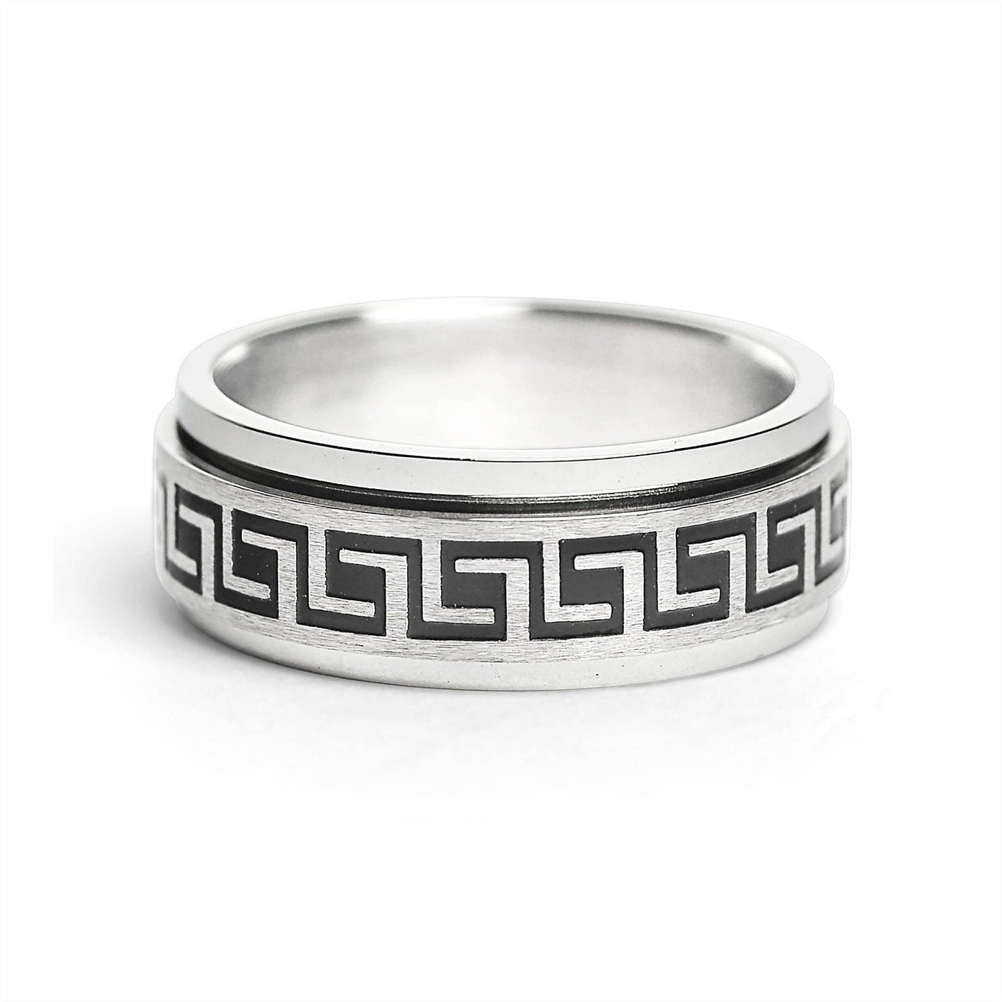 Black Greek Key Spinner Center Polished Stainless Steel Ring