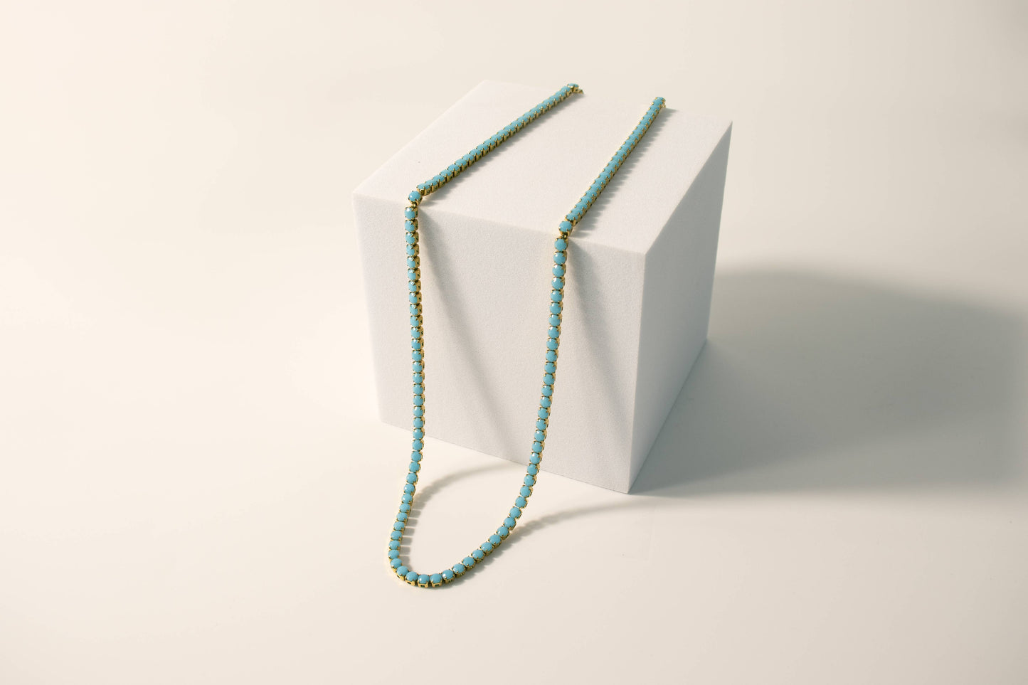 18k Gold PVD Coated Stainless Steel Turquoise Rhinestone Tennis Chain Necklace With 2" Extension