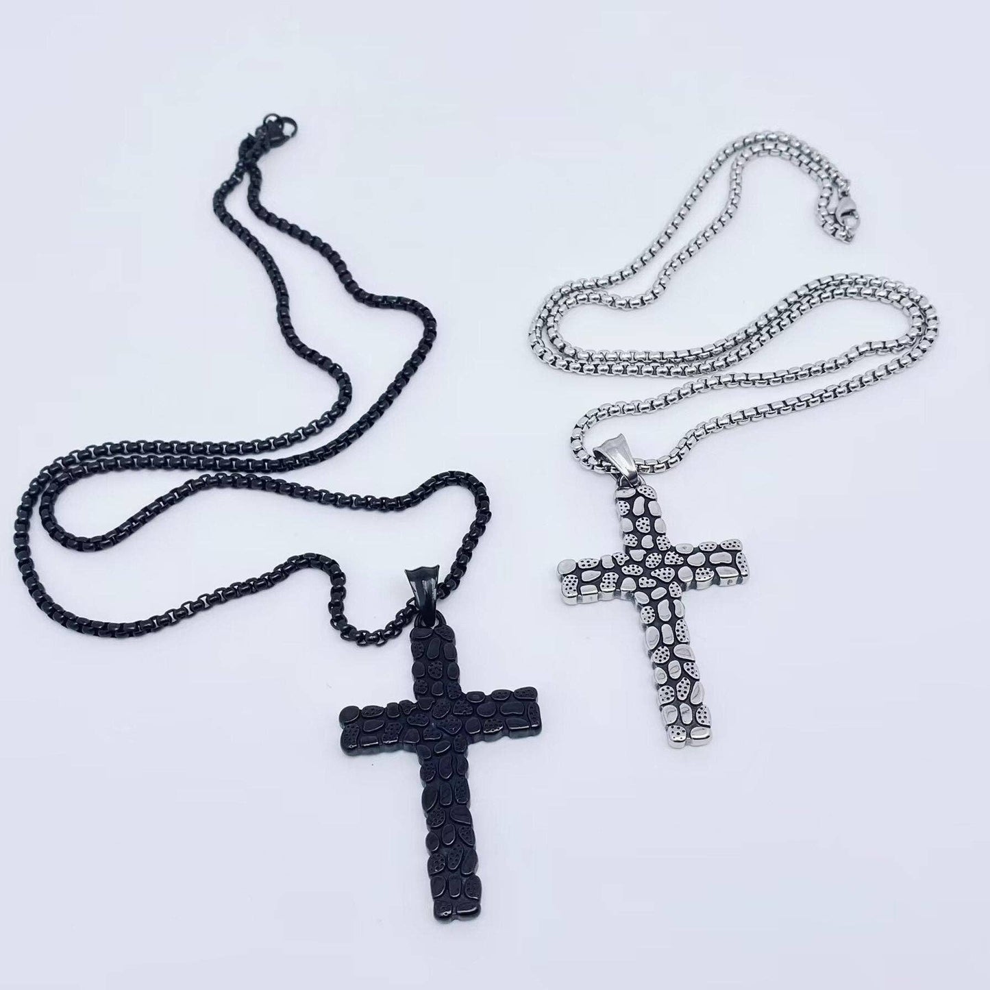 Cobblestone Design Stainless Steel Cross Pendant Necklace