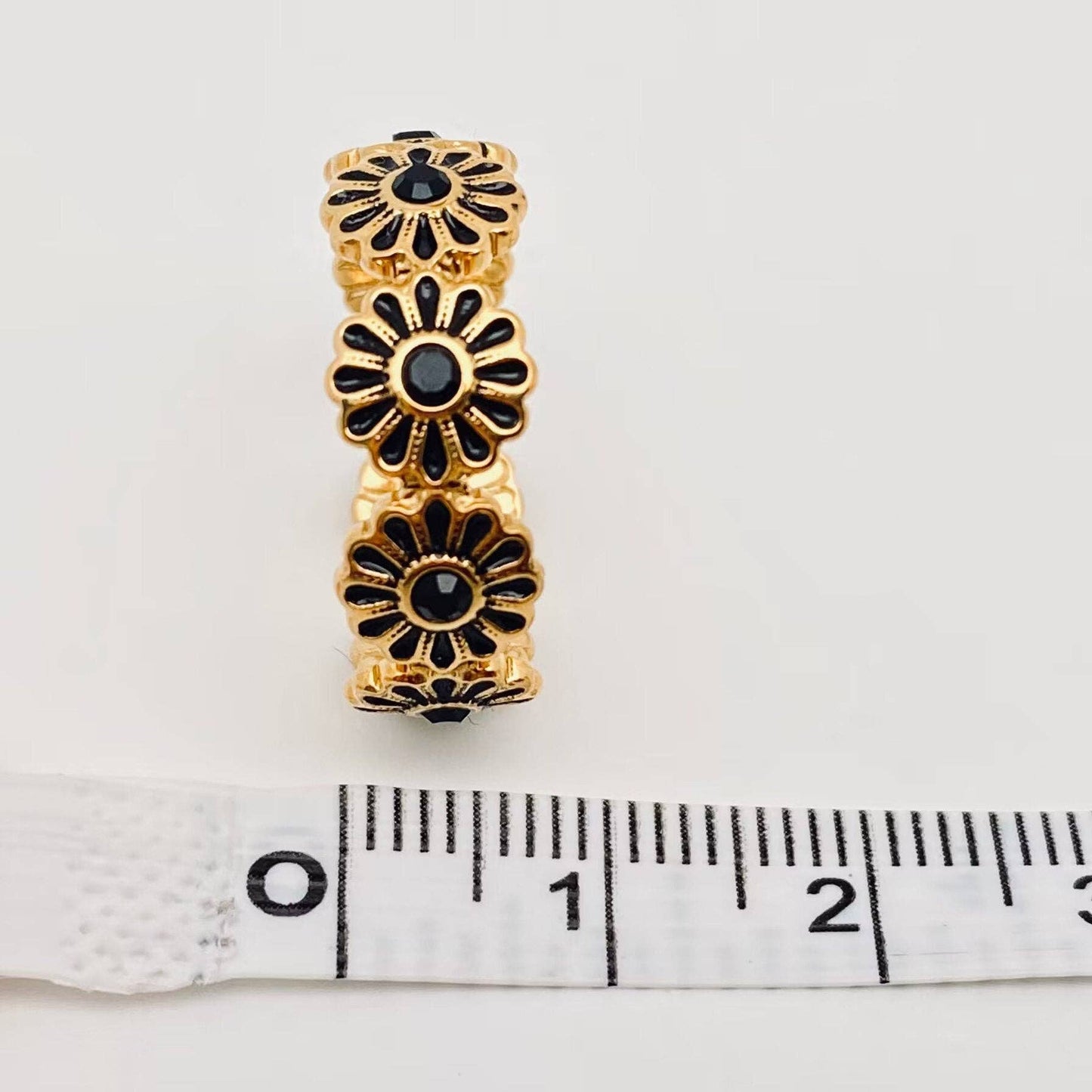 Black Enamel Flower Gold Plated Stainless Ste Ring