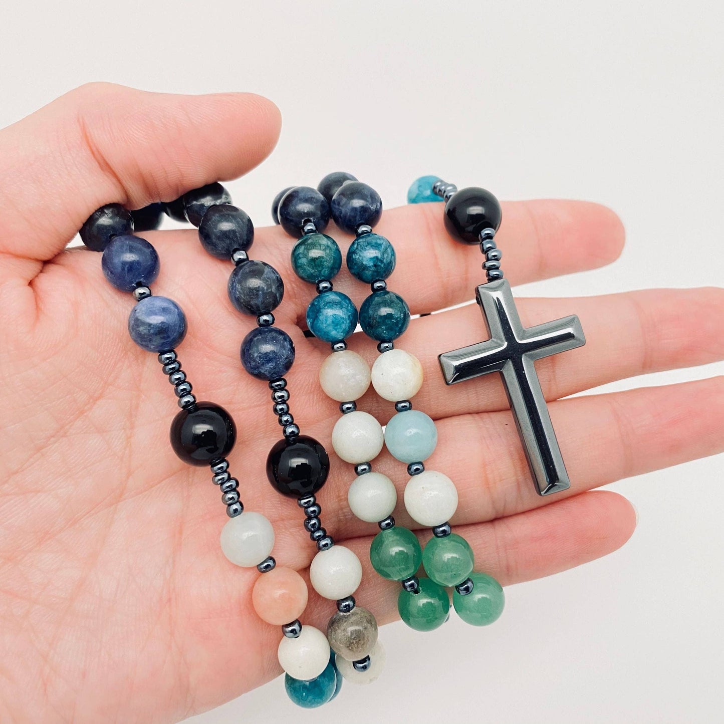 Blue-vein Amazon Stone Agate Beaded Cross Pendant Necklace