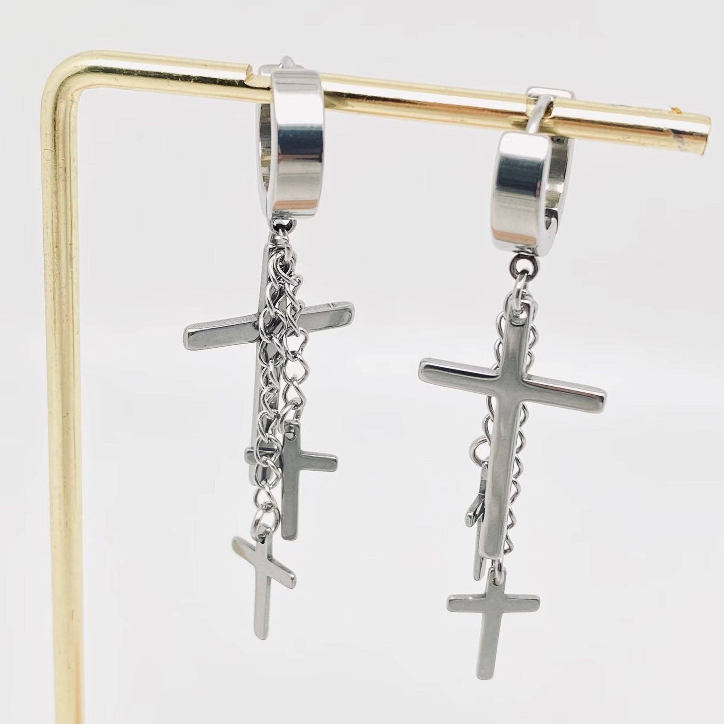 Stainless Steel Triple Cross Pendant Hoop Earrings