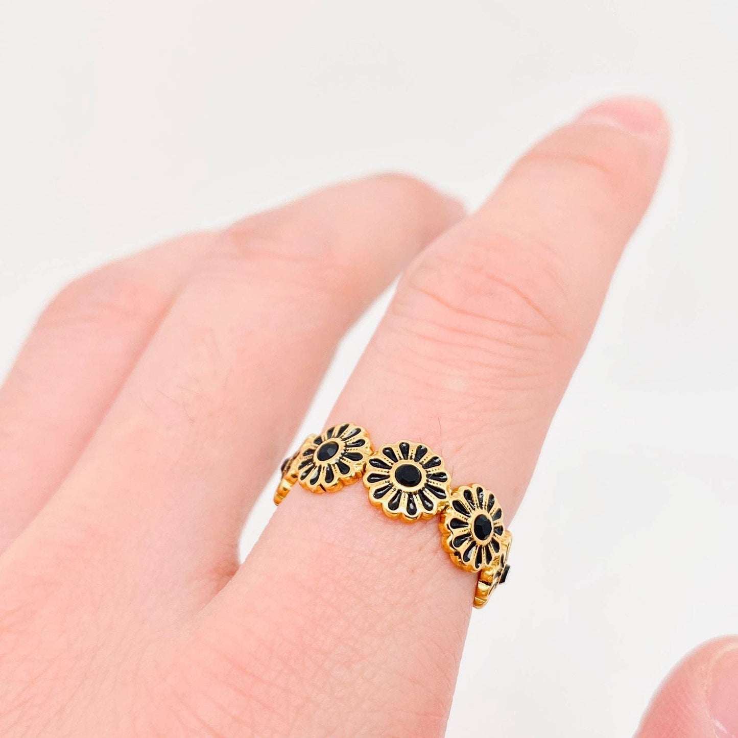 Black Enamel Flower Gold Plated Stainless Ste Ring