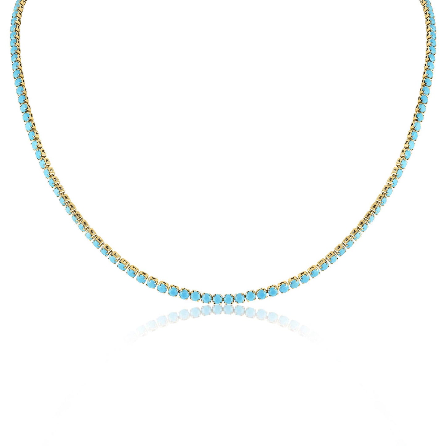 18k Gold PVD Coated Stainless Steel Turquoise Rhinestone Tennis Chain Necklace With 2" Extension