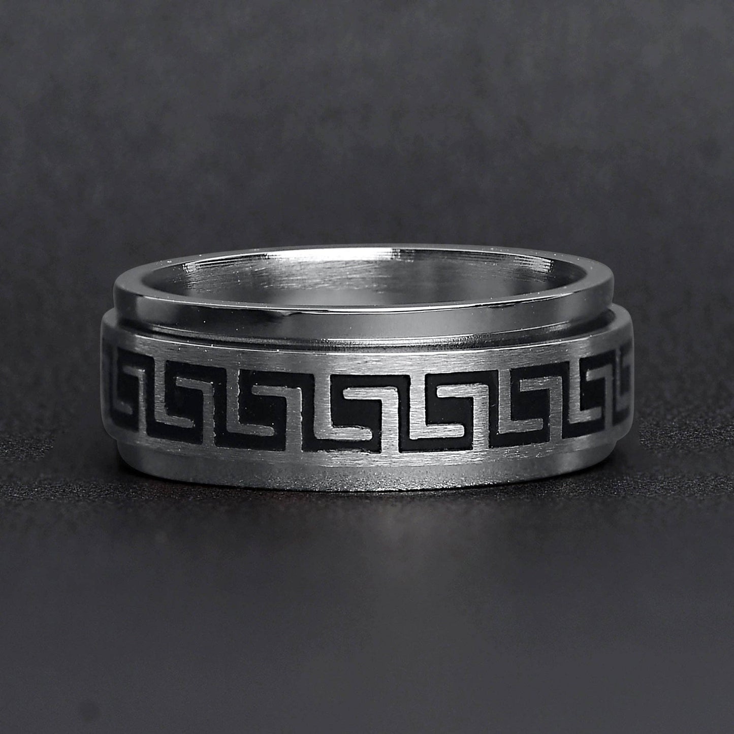 Black Greek Key Spinner Center Polished Stainless Steel Ring