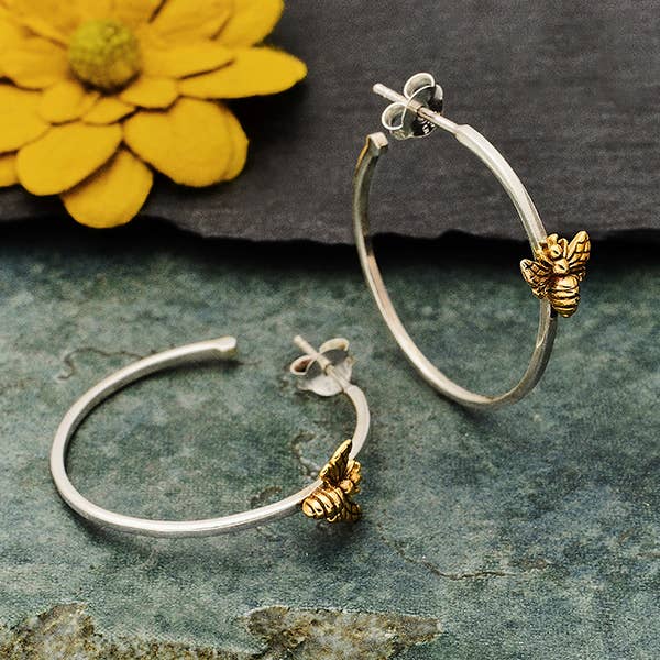 Sterling Silver Hoop Earring with Bronze Bee 30x27mm