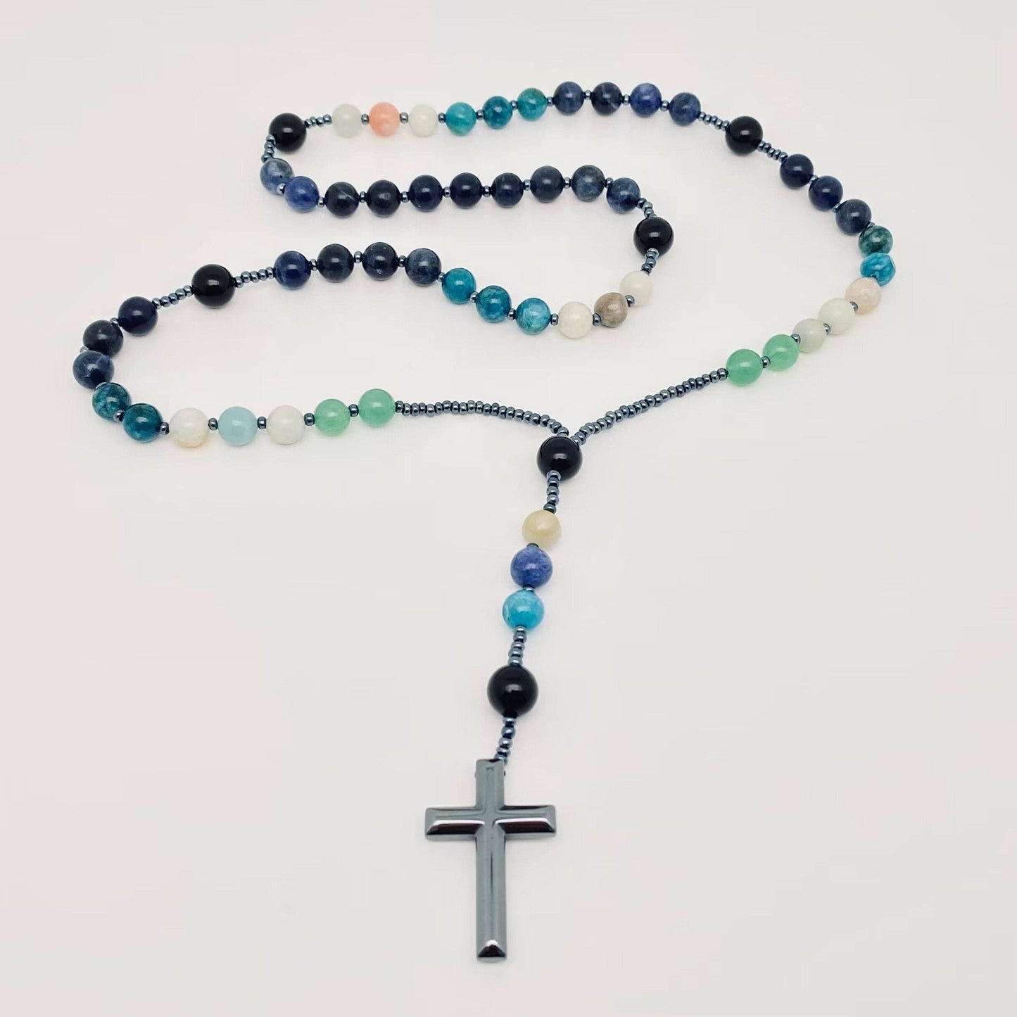 Blue-vein Amazon Stone Agate Beaded Cross Pendant Necklace