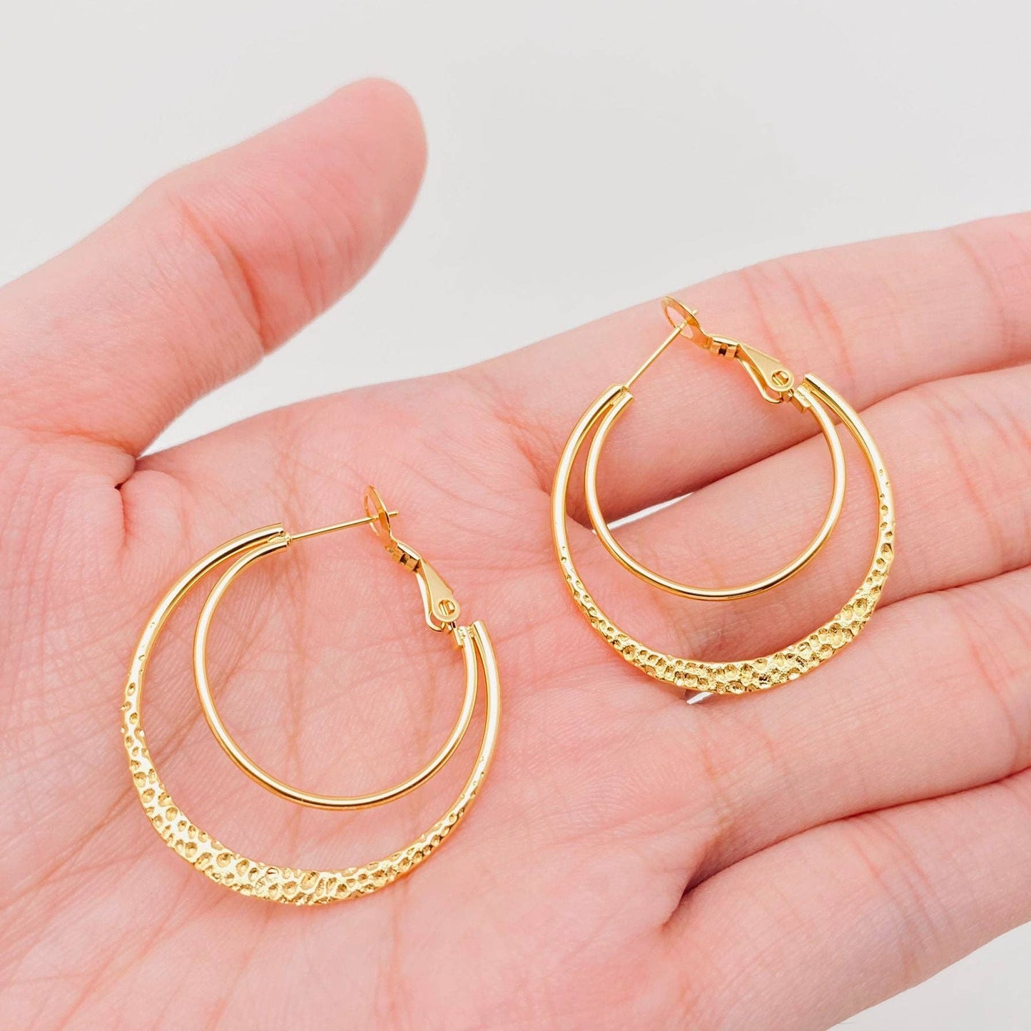 Stainless Steel Double Loop Design Gold Plated Hoop Earrings