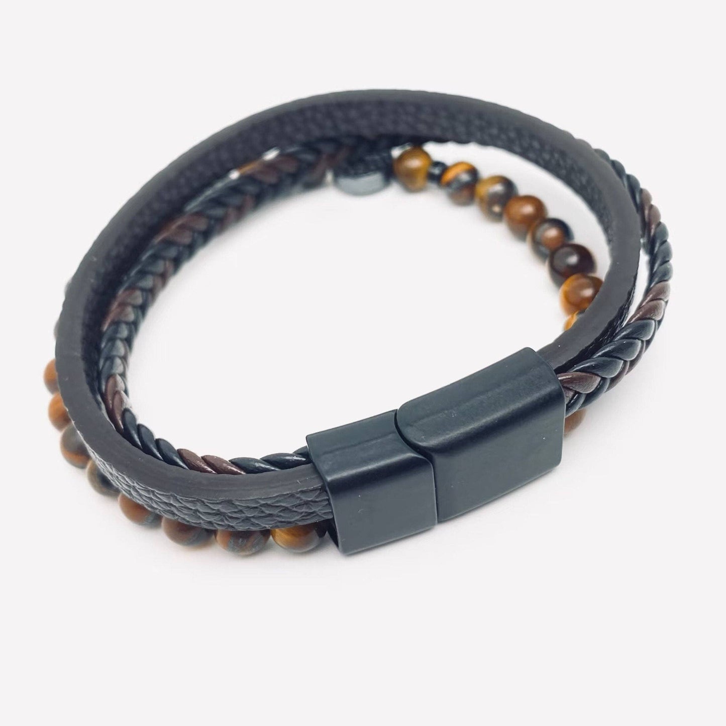 Tree of Life Tiger's Eye Beaded Leather Bracelet for Men