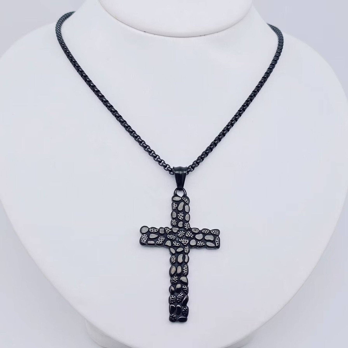 Cobblestone Design Stainless Steel Cross Pendant Necklace