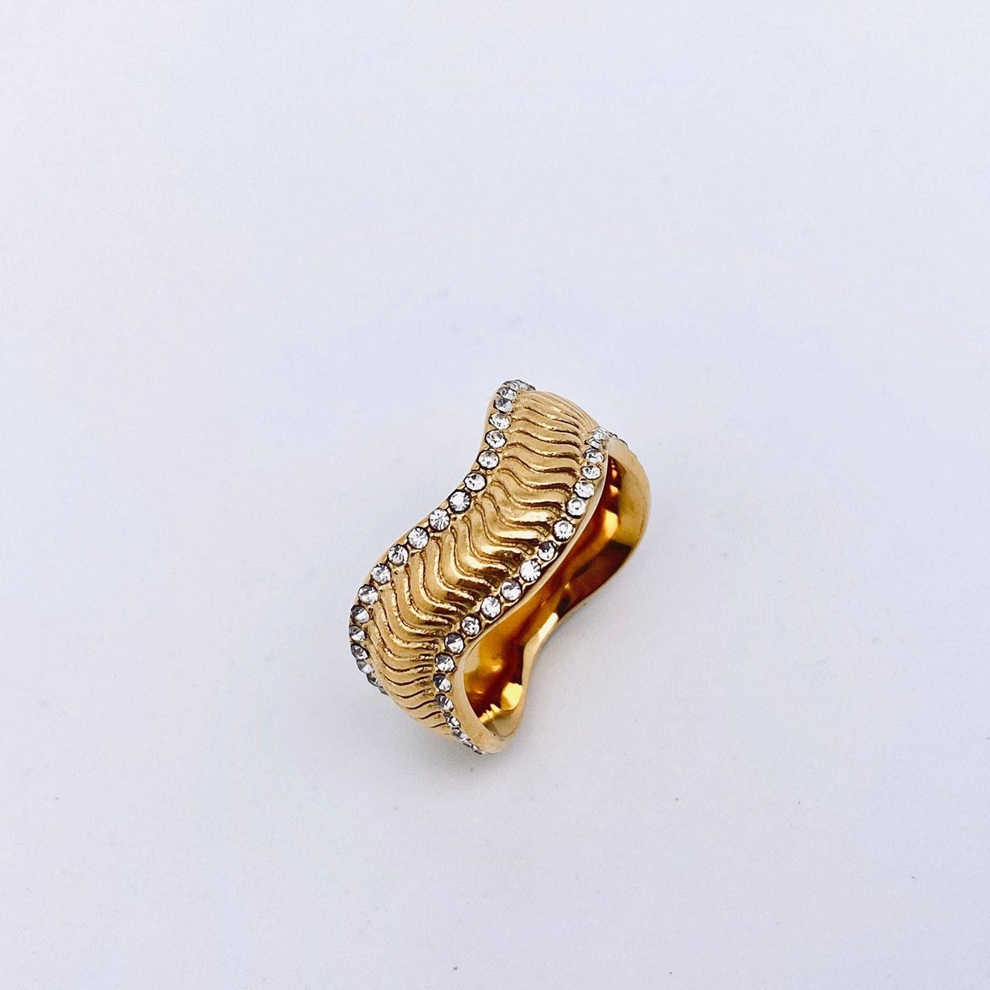 Cubic Zirconia Wave-shaped Gold Plated Stainless Steel Ring