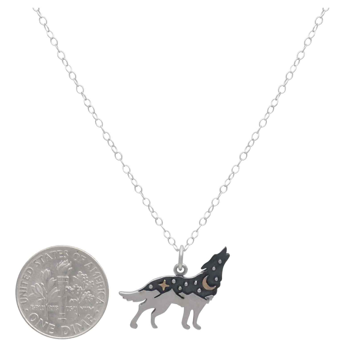 Sterling Silver Wolf Necklace with Bronze 18 Inch