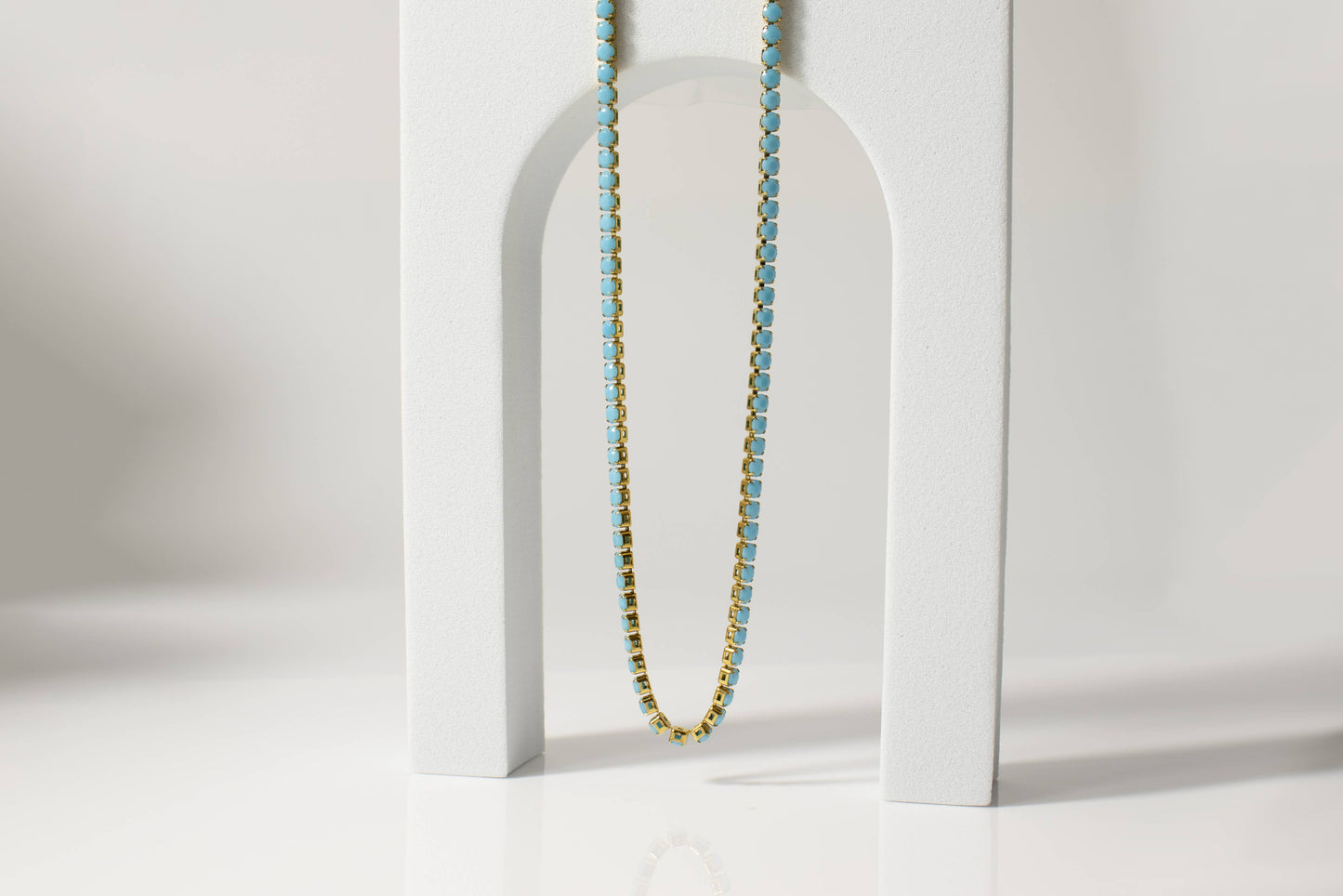 18k Gold PVD Coated Stainless Steel Turquoise Rhinestone Tennis Chain Necklace With 2" Extension