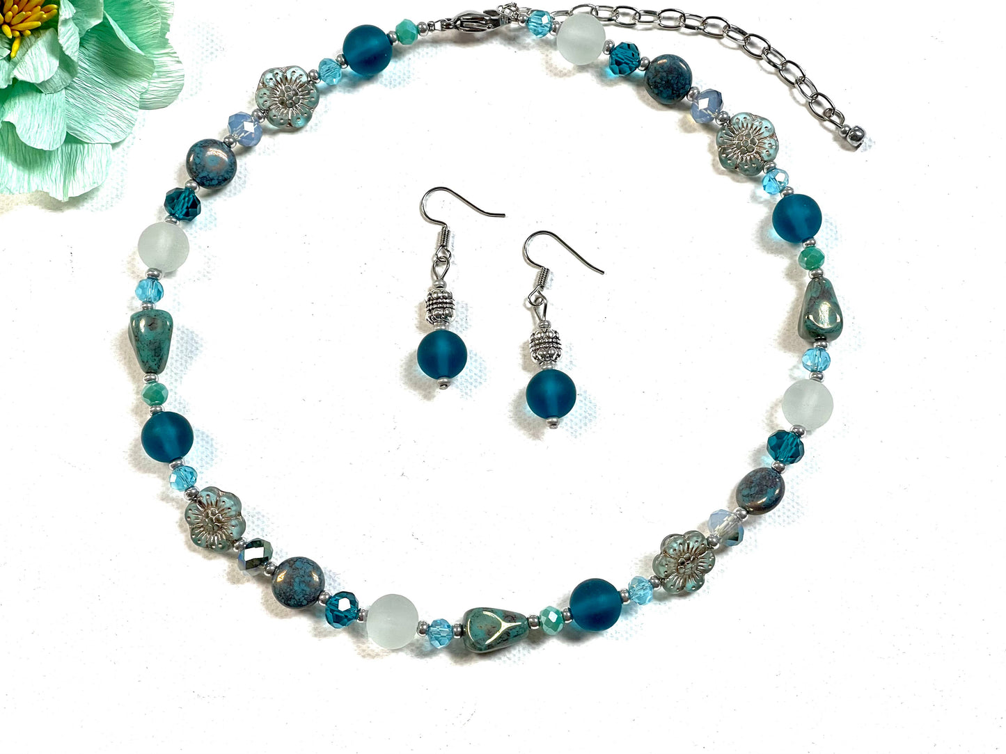 Beaded Bohemian Glass Necklace Aqua & Teal