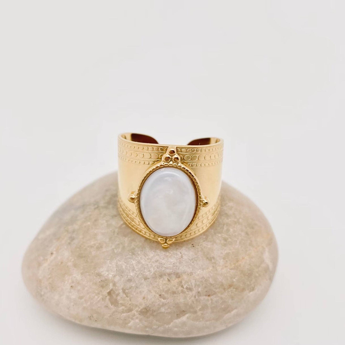 Vintage Stainless Steel Inlaid Natural Stone Rings