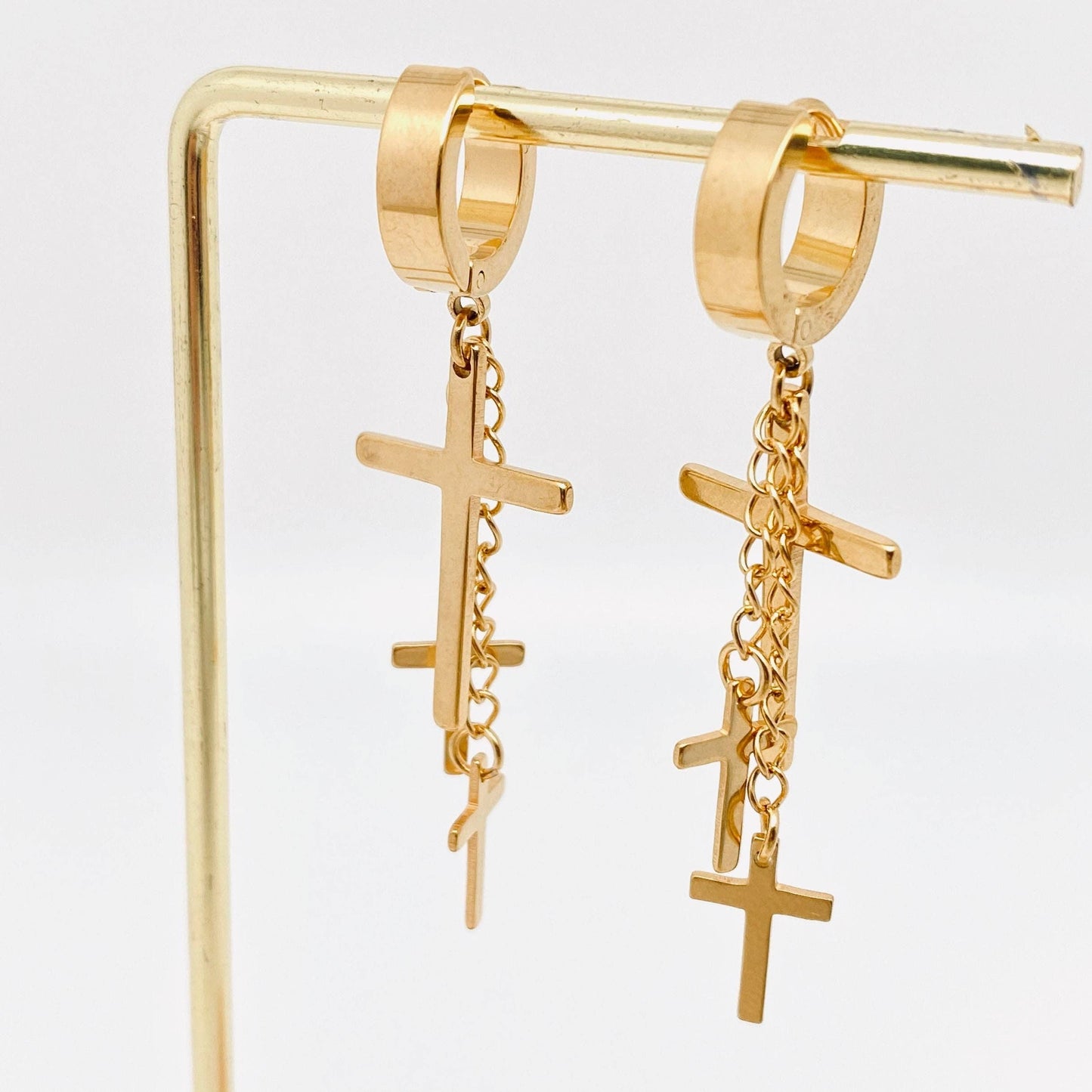 Stainless Steel Triple Cross Pendant Hoop Earrings