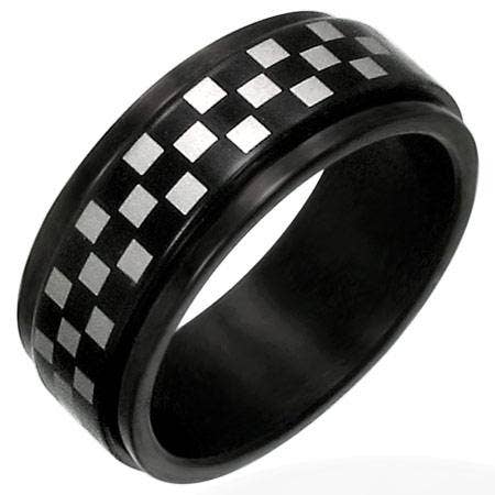 Black Checker Stainless Steel Spinner Ring