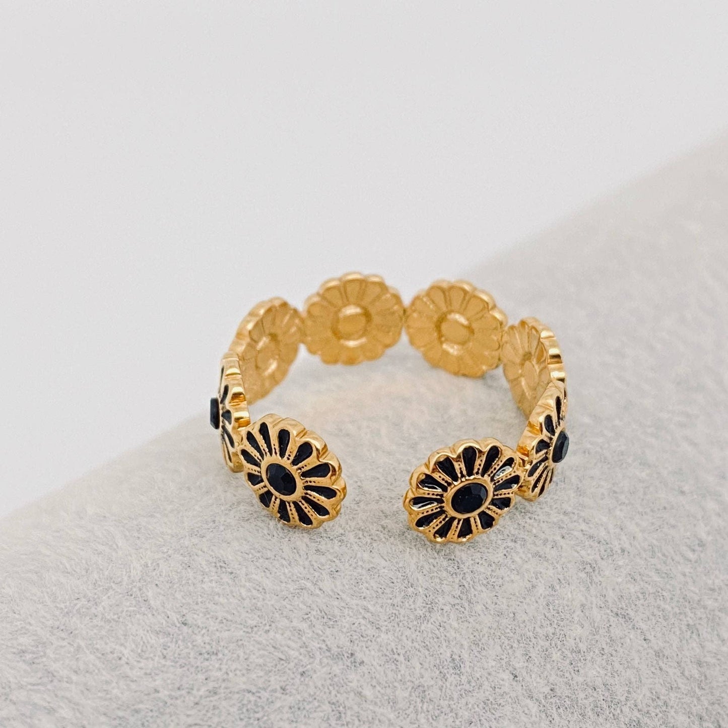 Black Enamel Flower Gold Plated Stainless Ste Ring