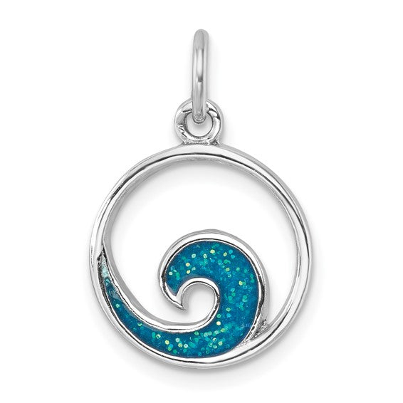 .925 Sterling Silver Wave Pendant with Blue Enamel Diamond Dust