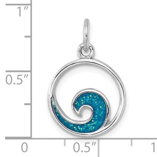 .925 Sterling Silver Wave Pendant with Blue Enamel Diamond Dust