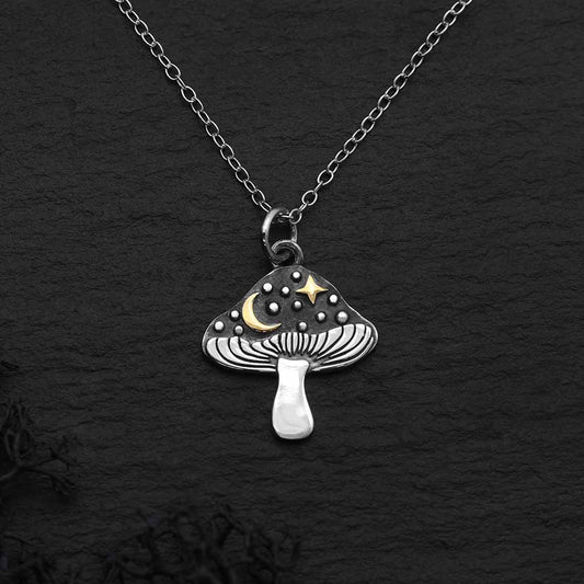 Sterling Silver Mushroom Necklace with Bronze Star and Moon