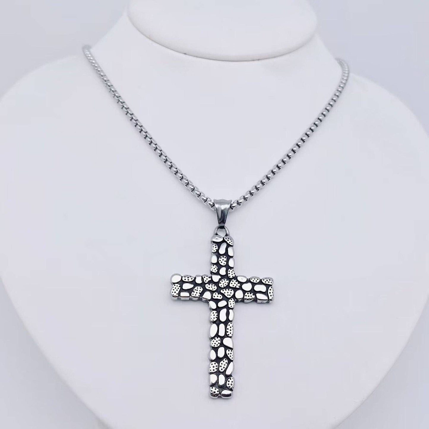 Cobblestone Design Stainless Steel Cross Pendant Necklace