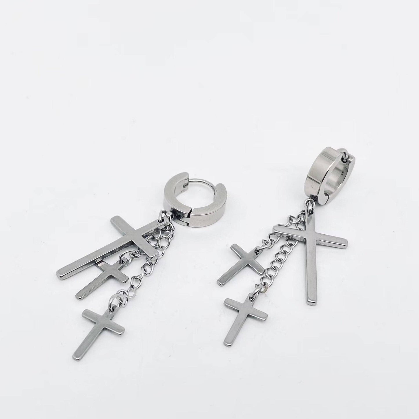 Stainless Steel Triple Cross Pendant Hoop Earrings