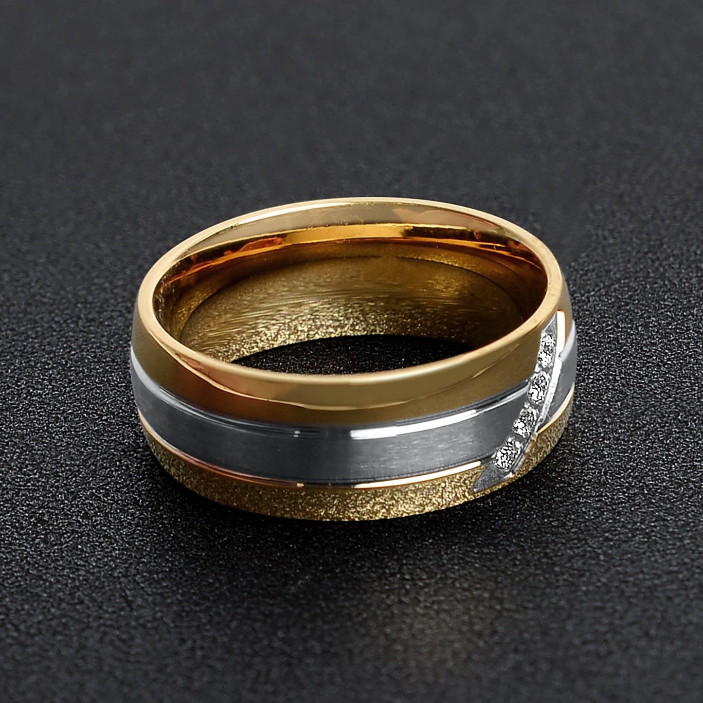 Gold Polished Groove Pattern Stainless Steel Ring With CZ Accents