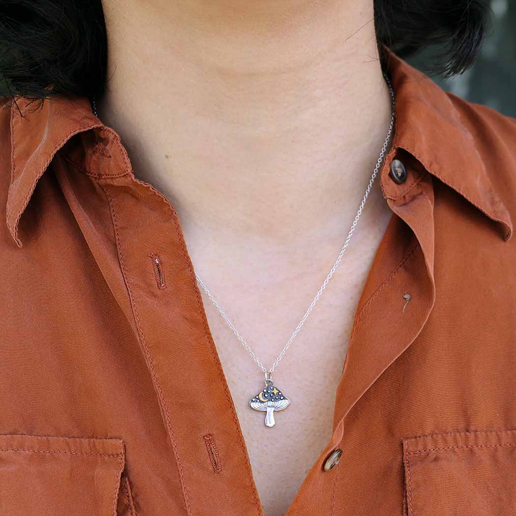 Sterling Silver Mushroom Necklace with Bronze Star and Moon