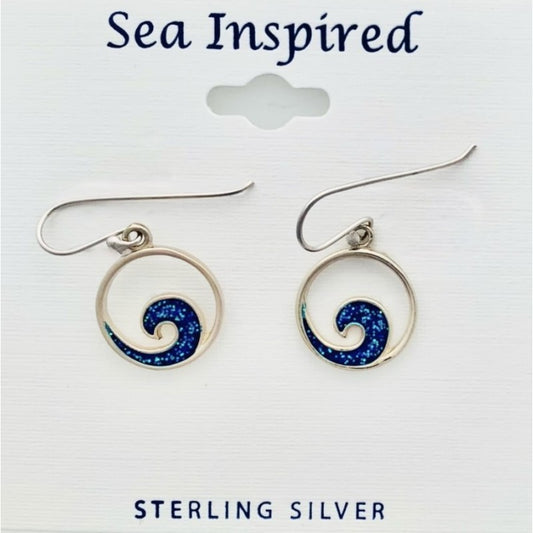 .925 Sterling Blue enamel wave earrings with Diamond Dust shimmer