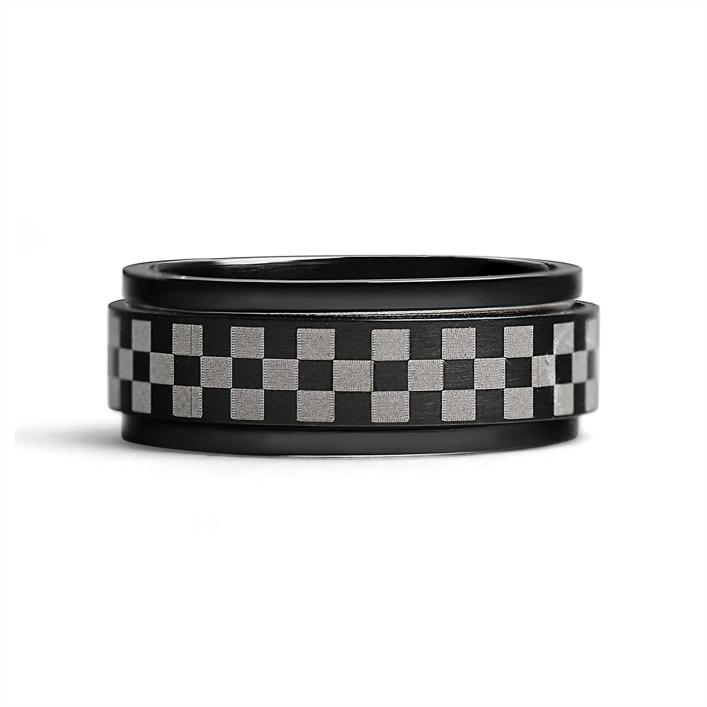 Black Checker Stainless Steel Spinner Ring