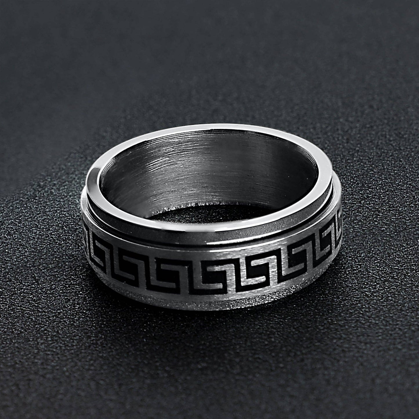 Black Greek Key Spinner Center Polished Stainless Steel Ring