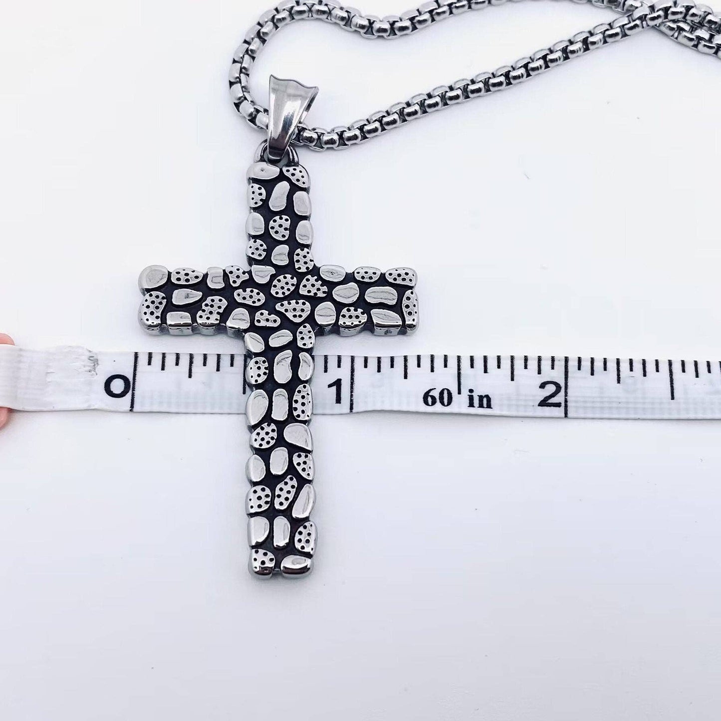 Cobblestone Design Stainless Steel Cross Pendant Necklace