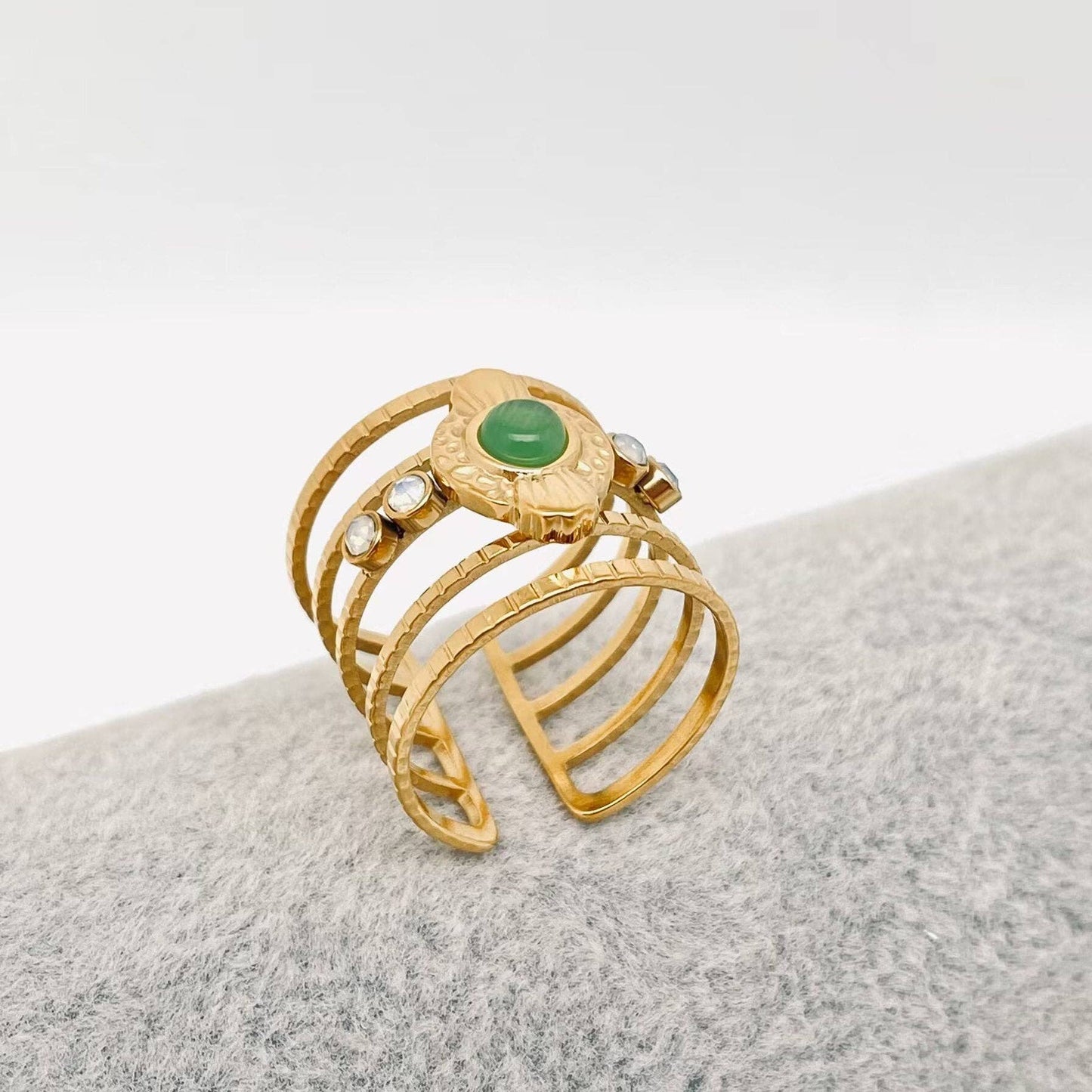 Green Aventurine 18K Gold Plated Stainless Steel Hollow Ring