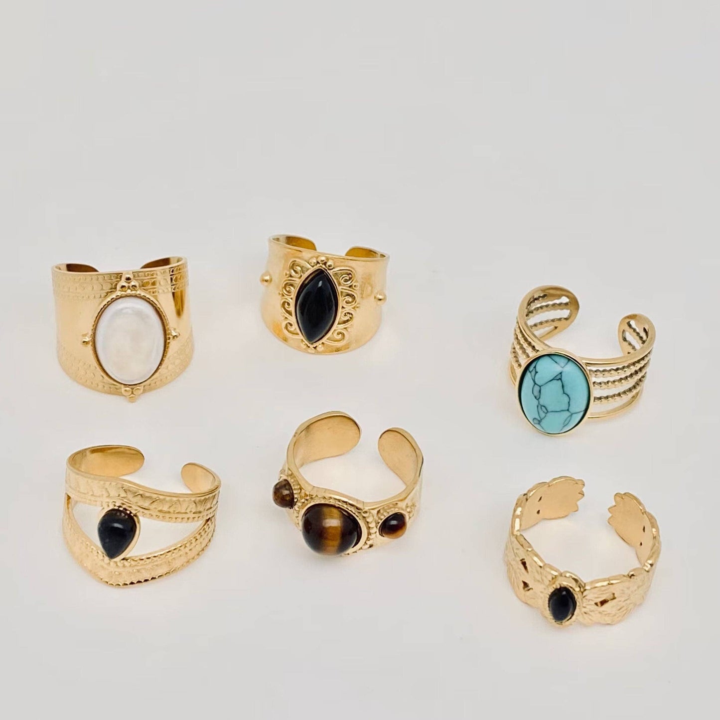 Vintage Stainless Steel Inlaid Natural Stone Rings