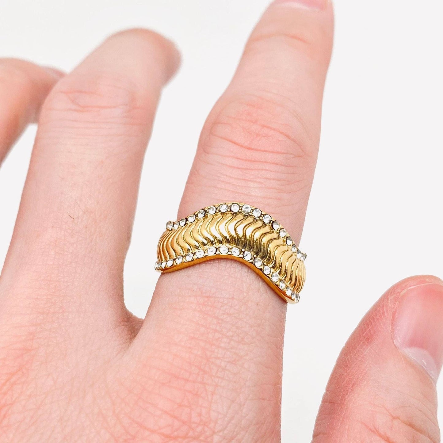 Cubic Zirconia Wave-shaped Gold Plated Stainless Steel Ring