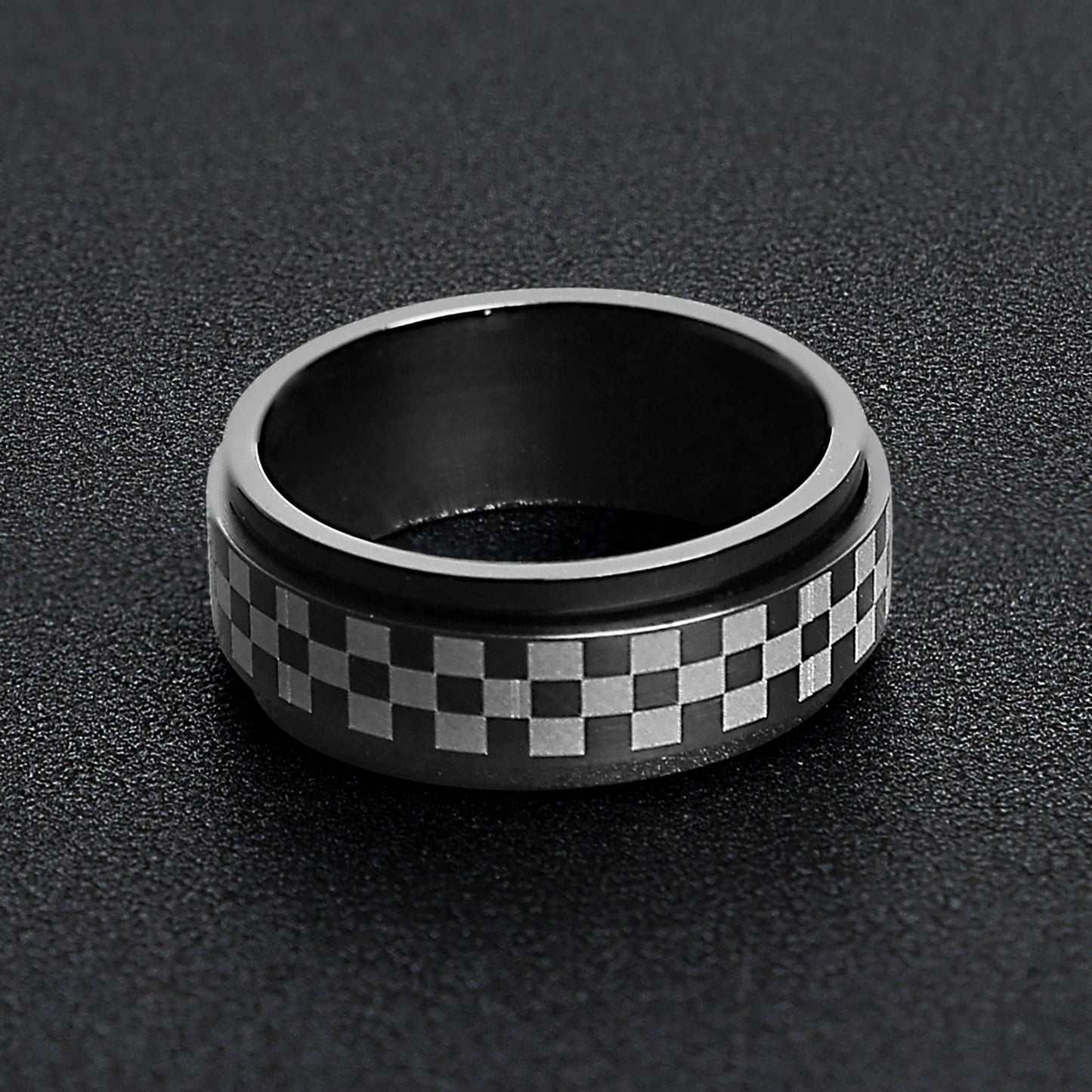 Black Checker Stainless Steel Spinner Ring