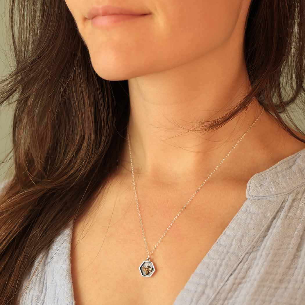 Silver 18 Inch Hexagon and Bronze Bee Charm Necklace