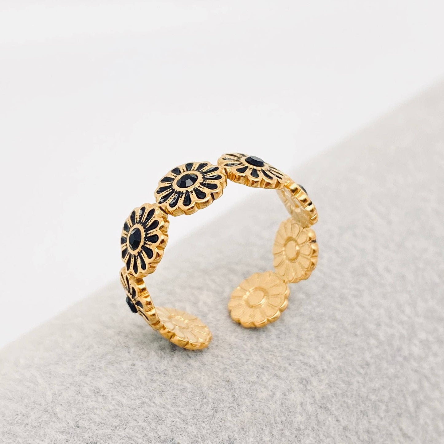 Black Enamel Flower Gold Plated Stainless Ste Ring