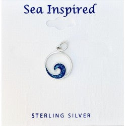 .925 Sterling Silver Wave Pendant with Blue Enamel Diamond Dust