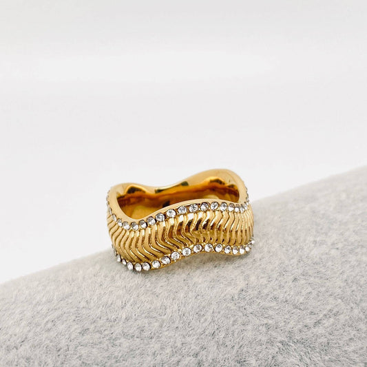 Cubic Zirconia Wave-shaped Gold Plated Stainless Steel Ring