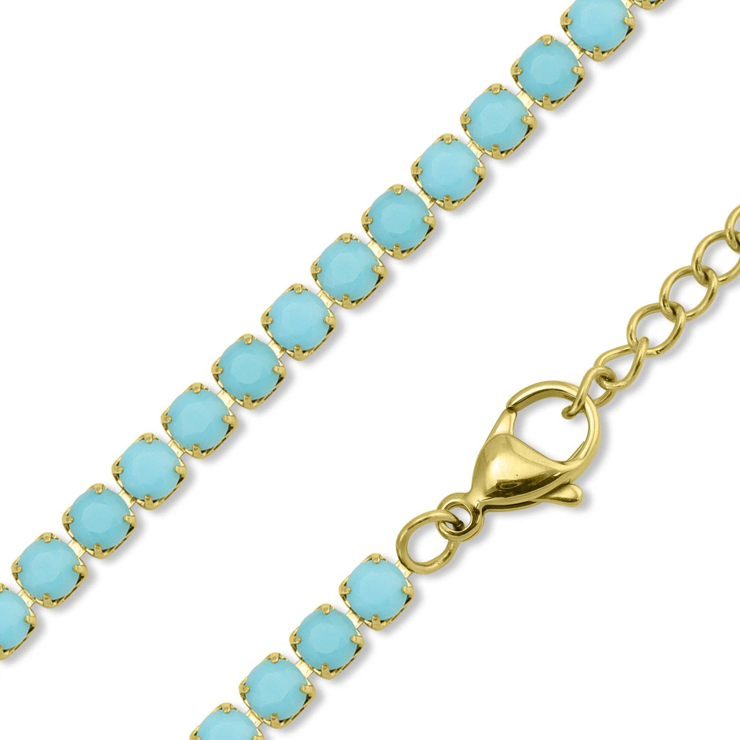 18k Gold PVD Coated Stainless Steel Turquoise Rhinestone Tennis Chain Necklace With 2" Extension