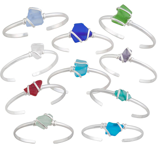 Dozen Asstd Pompano Beach Glass Mini Cuffs - Silver Plated