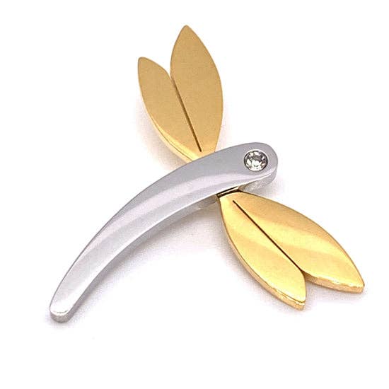 Stainless Steel Gold CZ Dragonfly Pendant