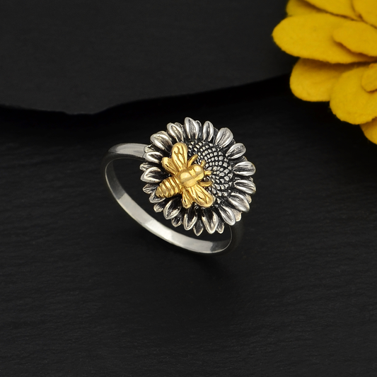 Sterling Silver Sunflower Ring with Bronze Bee