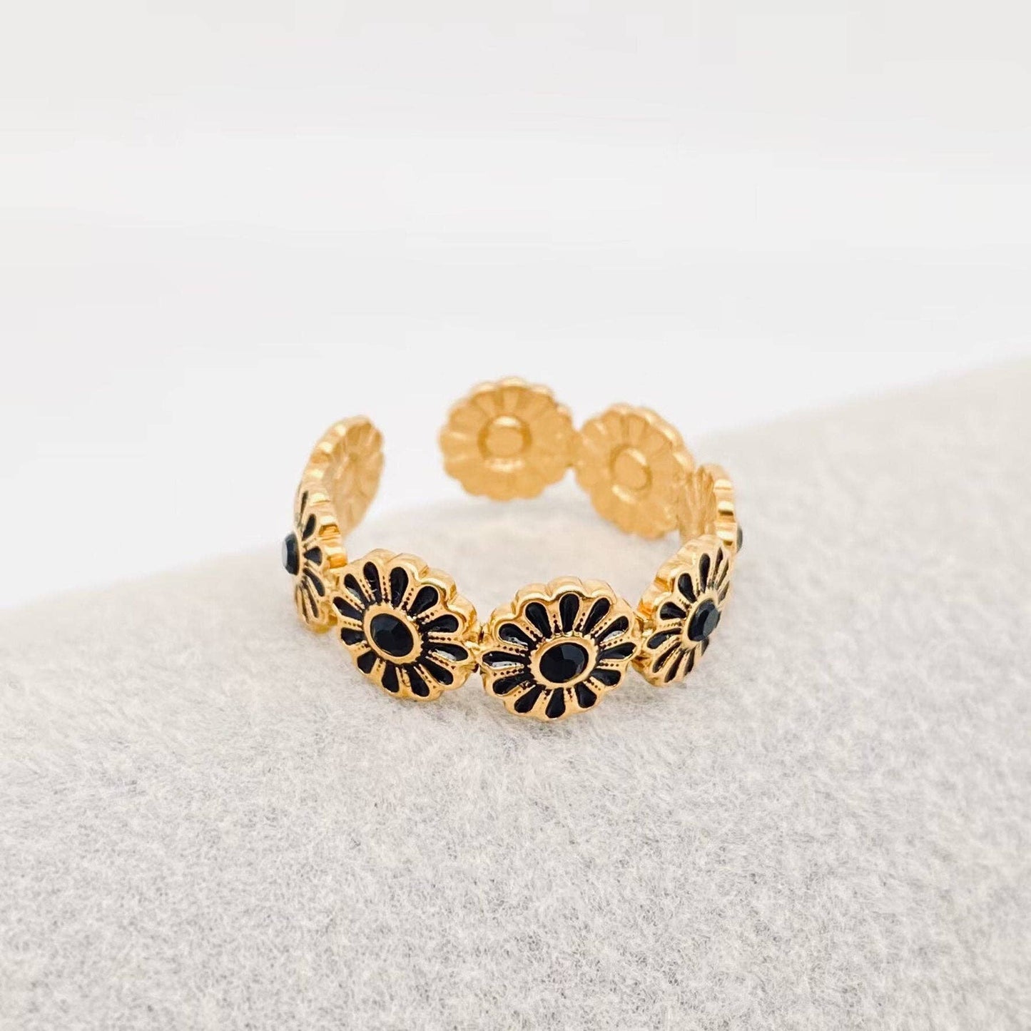 Black Enamel Flower Gold Plated Stainless Ste Ring