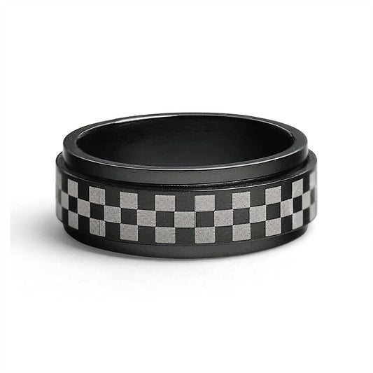 Black Checker Stainless Steel Spinner Ring