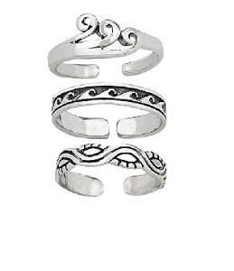 Beach Toes Set of 3 Sterling Silver Toe Rings